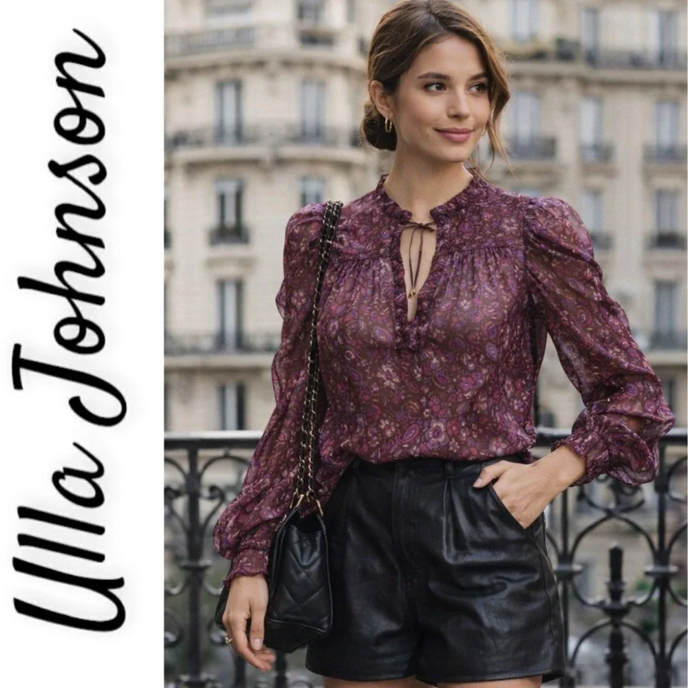 ULLA JOHNSON Renly Silk Paisley Blouse Plum Purple Boho Luxe Romantic,‎ Size 0